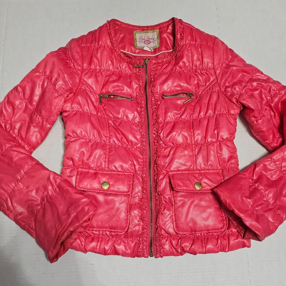 Pink Envelope Puffer Jacket Full Zip Pockets Quilted Round Neck Womens Size M‎
